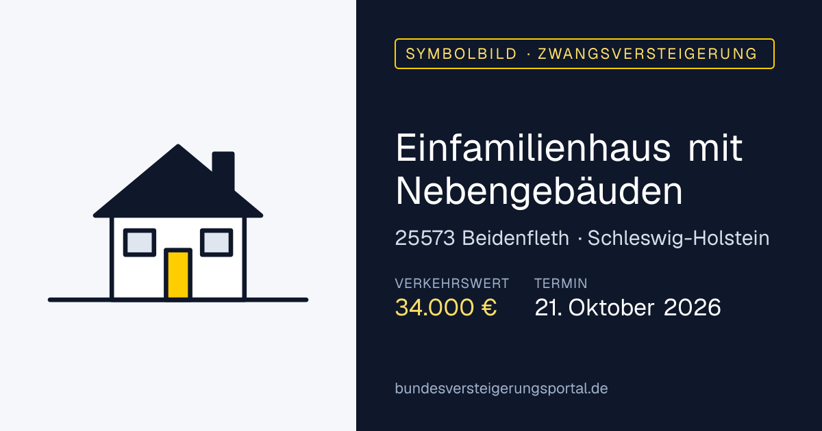 Symbolbild: Einfamilienhaus mit Nebengebäuden in Beidenfleth — Zwangsversteigerung, kein Foto des Objekts