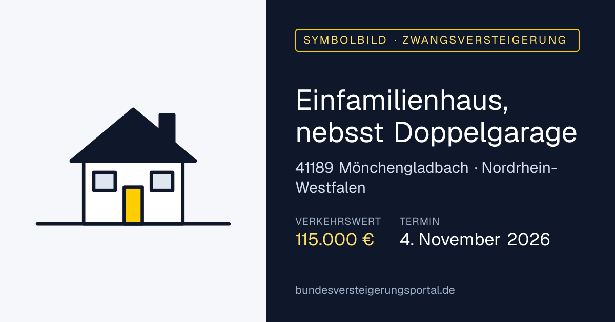 Symbolbild: Einfamilienhaus, nebsst Doppelgarage in Mönchengladbach — Zwangsversteigerung, kein Foto des Objekts