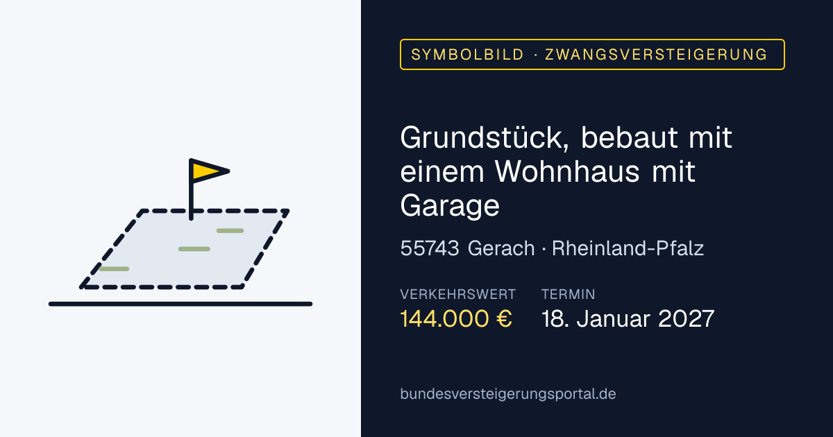 Symbolbild: Grundstück, bebaut mit einem Wohnhaus mit Garage in Gerach — Zwangsversteigerung, kein Foto des Objekts