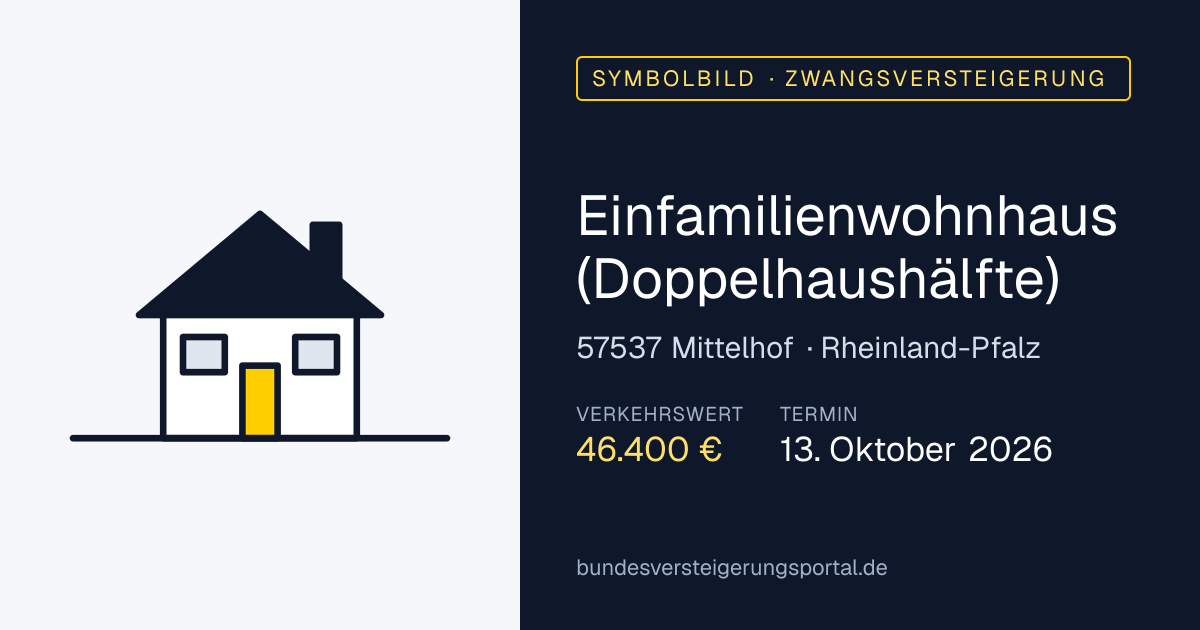 Symbolbild: Einfamilienwohnhaus (Doppelhaushälfte) in Mittelhof — Zwangsversteigerung, kein Foto des Objekts