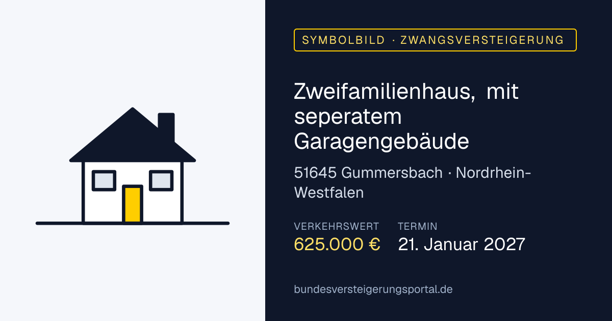 Symbolbild: Zweifamilienhaus, mit seperatem Garagengebäude in Gummersbach — Zwangsversteigerung, kein Foto des Objekts
