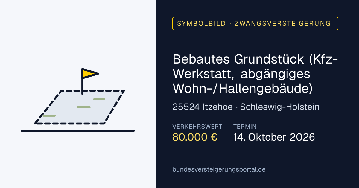 Symbolbild: Bebautes Grundstück (Kfz-Werkstatt, abgängiges Wohn-/Hallengebäude) in Itzehoe — Zwangsversteigerung, kein Foto des Objekts