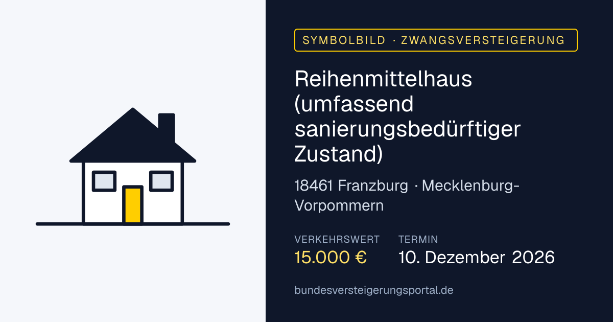 Symbolbild: Reihenmittelhaus (umfassend sanierungsbedürftiger Zustand) in Franzburg — Zwangsversteigerung, kein Foto des Objekts