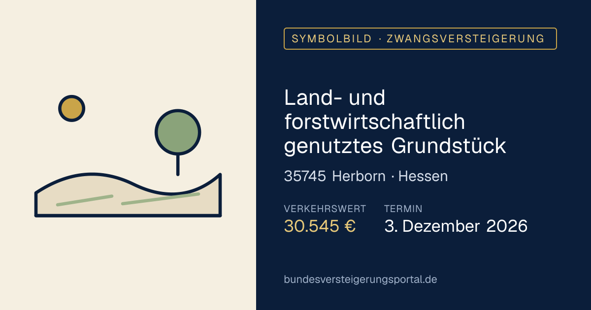 Symbolbild: Land- und forstwirtschaftlich genutztes Grundstück in Herborn — Zwangsversteigerung, kein Foto des Objekts