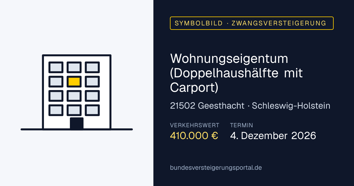 Symbolbild: Wohnungseigentum (Doppelhaushälfte mit Carport) in Geesthacht — Zwangsversteigerung, kein Foto des Objekts