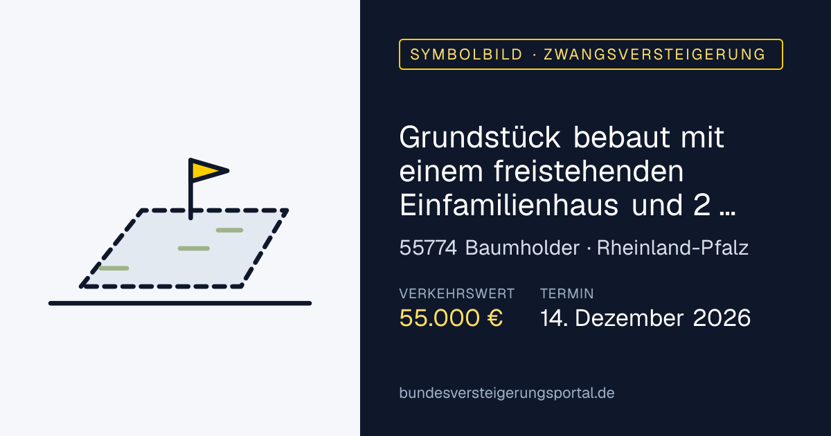 Symbolbild: Grundstück bebaut mit einem freistehenden Einfamilienhaus und 2 Garagen in Baumholder — Zwangsversteigerung, kein Foto des Objekts