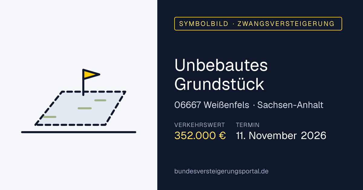 Symbolbild: Unbebautes Grundstück in Weißenfels — Zwangsversteigerung, kein Foto des Objekts