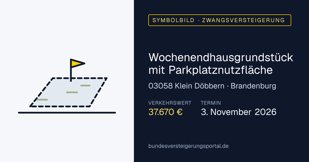Symbolbild: Wochenendhausgrundstück mit Parkplatznutzfläche in Klein Döbbern — Zwangsversteigerung, kein Foto des Objekts