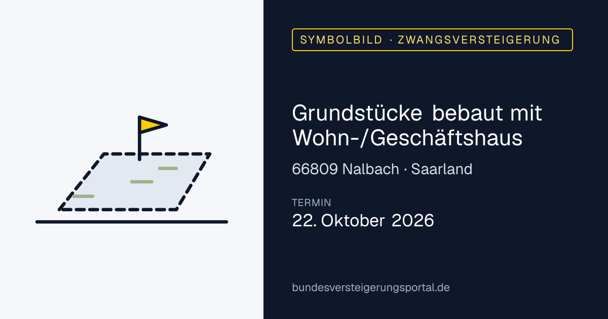 Symbolbild: Grundstücke bebaut mit Wohn-/Geschäftshaus in Nalbach — Zwangsversteigerung, kein Foto des Objekts